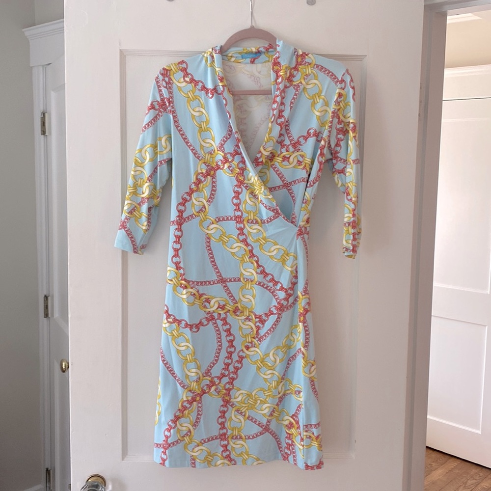 J. McLaughlin XS Cowl Neck Faux Wrap Dress 3/4 sleeve